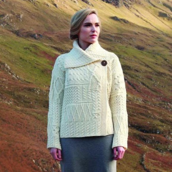 Carraig Donn One Button Irish Wool Cardigan Sweater Cream Size Large - Picture 1 of 5